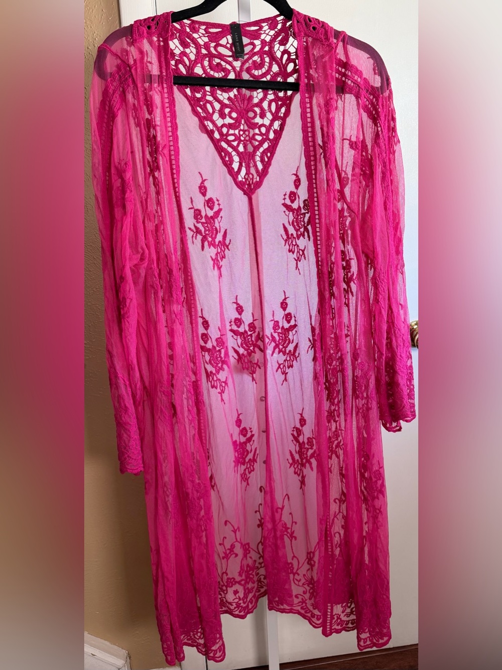 Lane Bryant 22/24 Pink Embroidered Lace Mesh Kimono Duster Sheer Floral